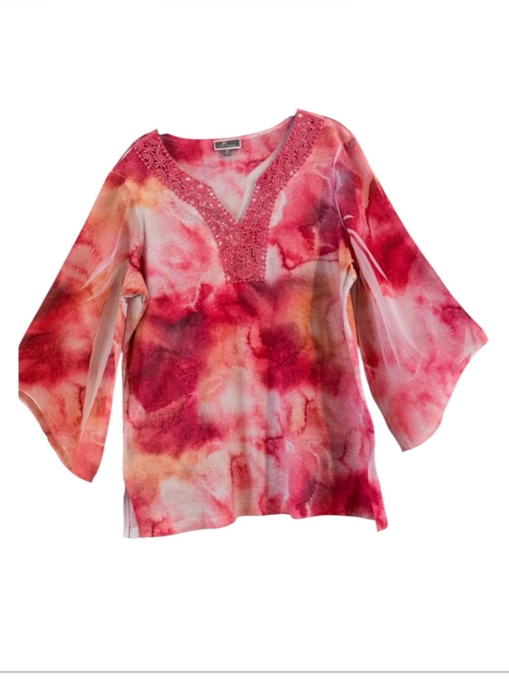 JM Collection Pink Coral Watercolor V-Neck Tunic with Lace Trim Size OX